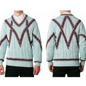 NEW $1335 Brioni Hand Knit Sweater! e 52 XL Turquoise With Red & Black Stripes
